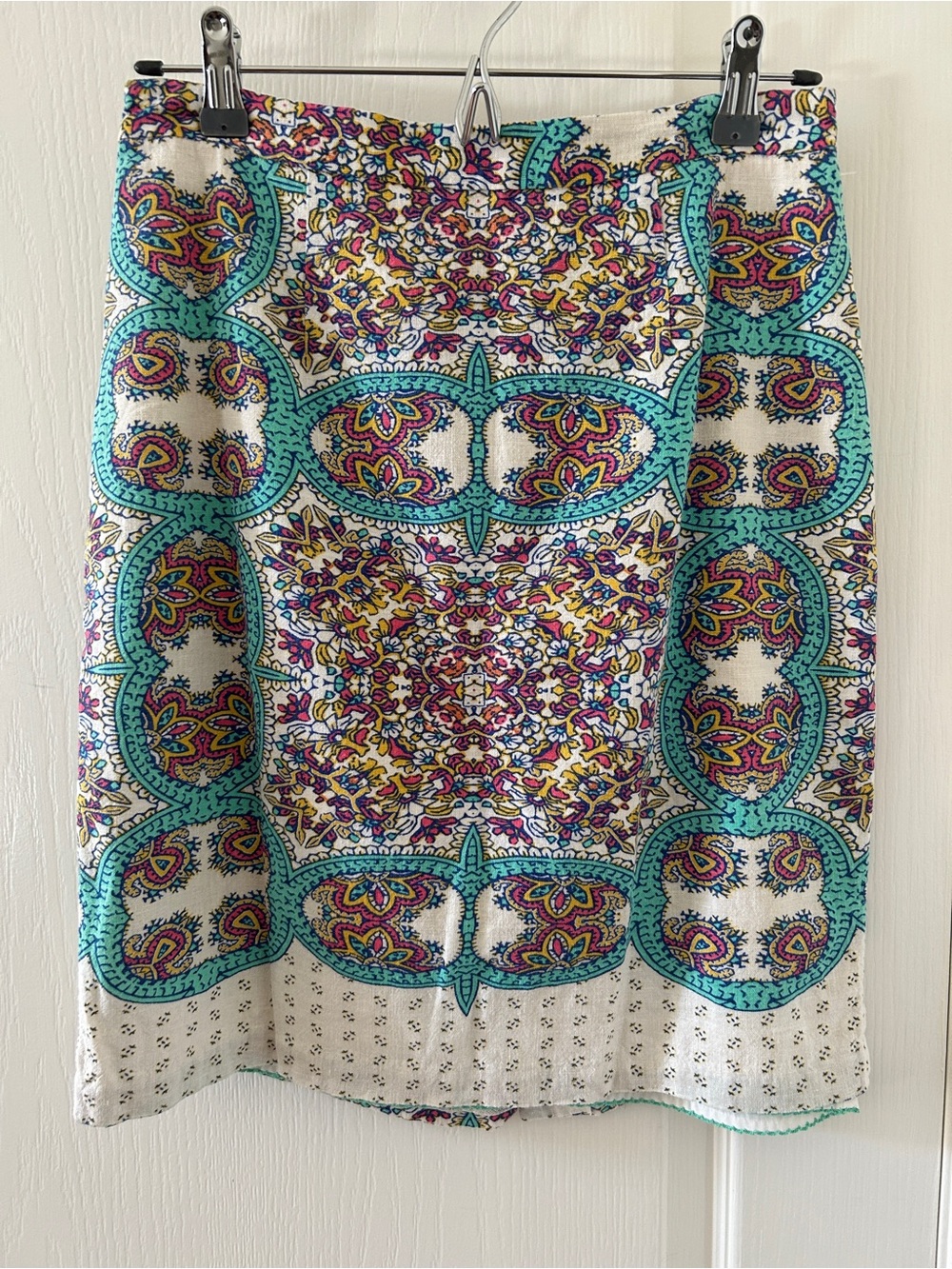 Maeve White Turquoise Medallion Print Pencil Skirt Size 8 Boho Career Wear